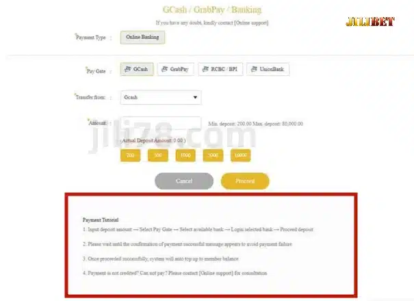 Nag-aalok ang JILIBET ng isang hanay ng mga paraan ng pagbabayad para sa mga deposito at withdrawal, kabilang ang mga credit card, e-wallet, mga pagbabayad sa mobile casino tulad ng GCash, at higit pa.
